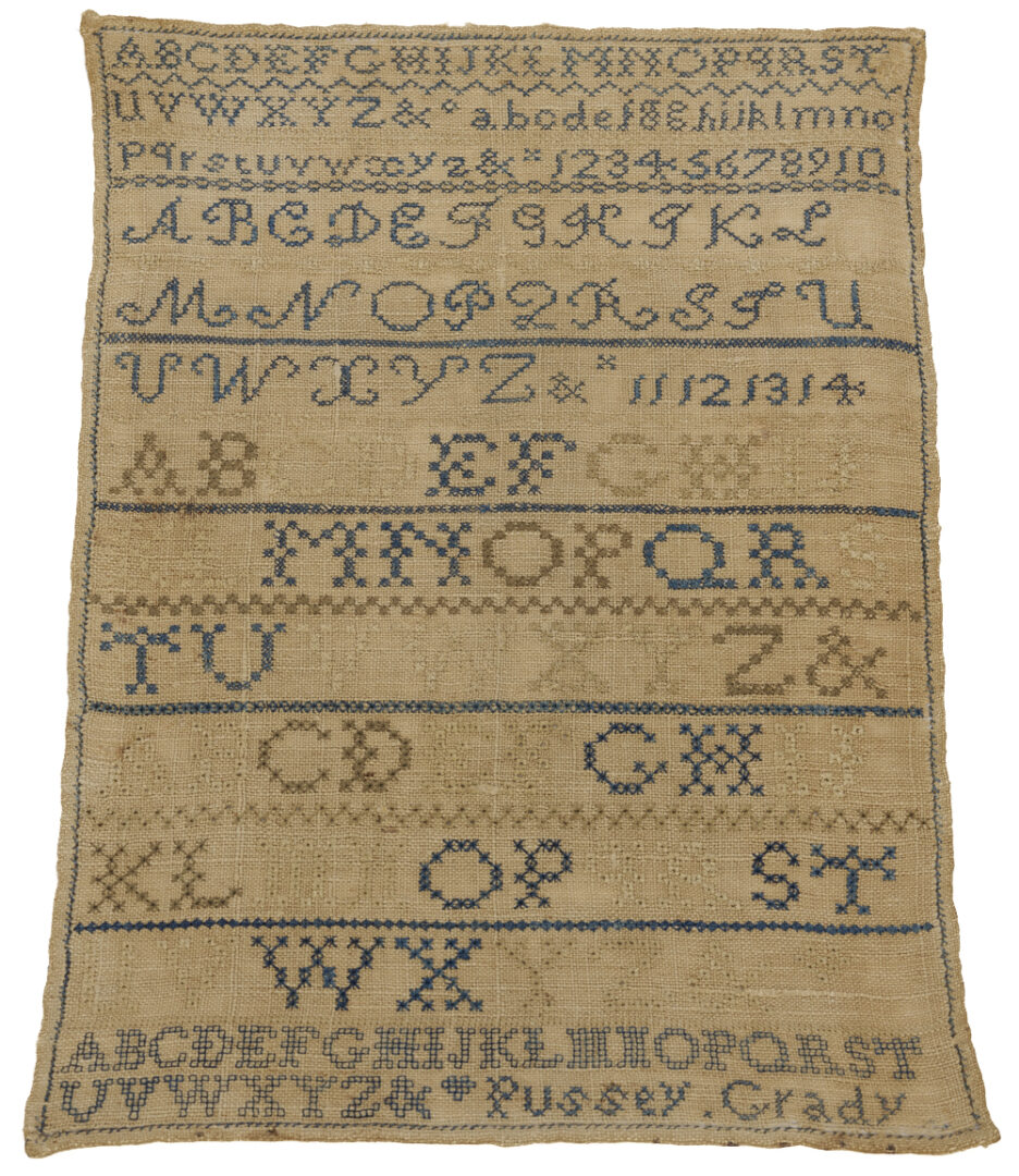 Lot 225: Rare Eastern NC Sampler c. 1820 by Pussey Grady