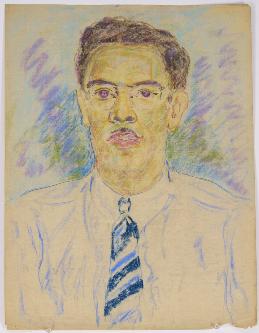 Lot 1087: Beauford Delaney Pastel Portrait of a Man w/ Glasses & Necktie