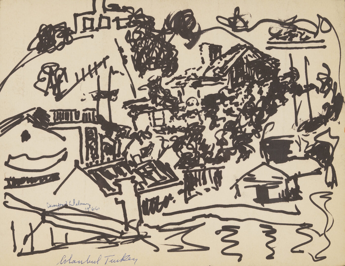 Lot 1088: Beauford Delaney Ink on Paper Landscape, Istanbul, Turkey, 1966