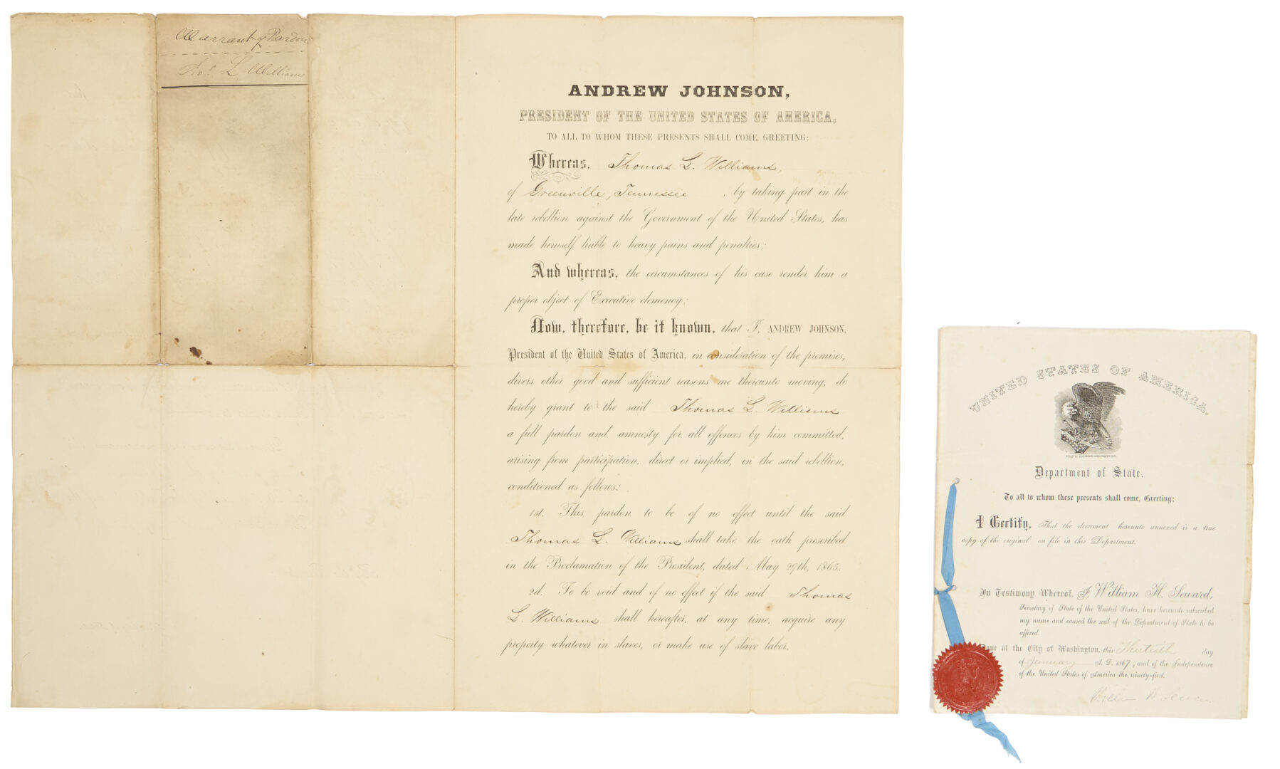 Lot 626: Andrew Johnson Presidential Pardon & Signed Seward Document