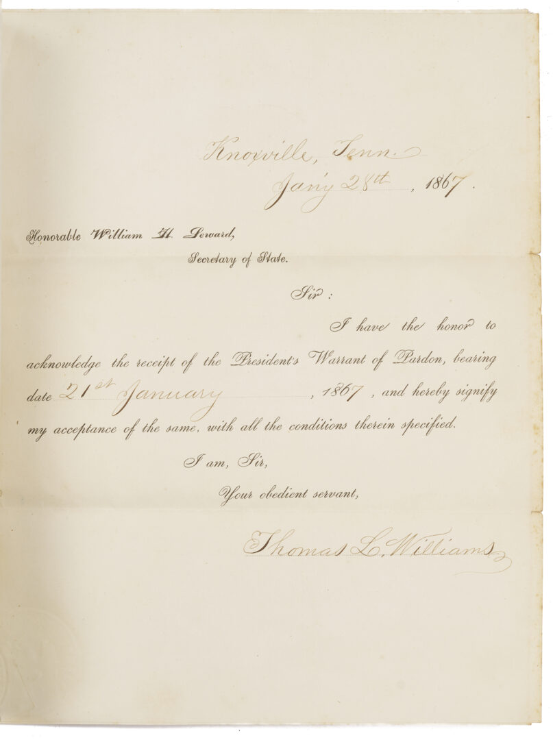 Lot 626: Andrew Johnson Presidential Pardon & Signed Seward Document