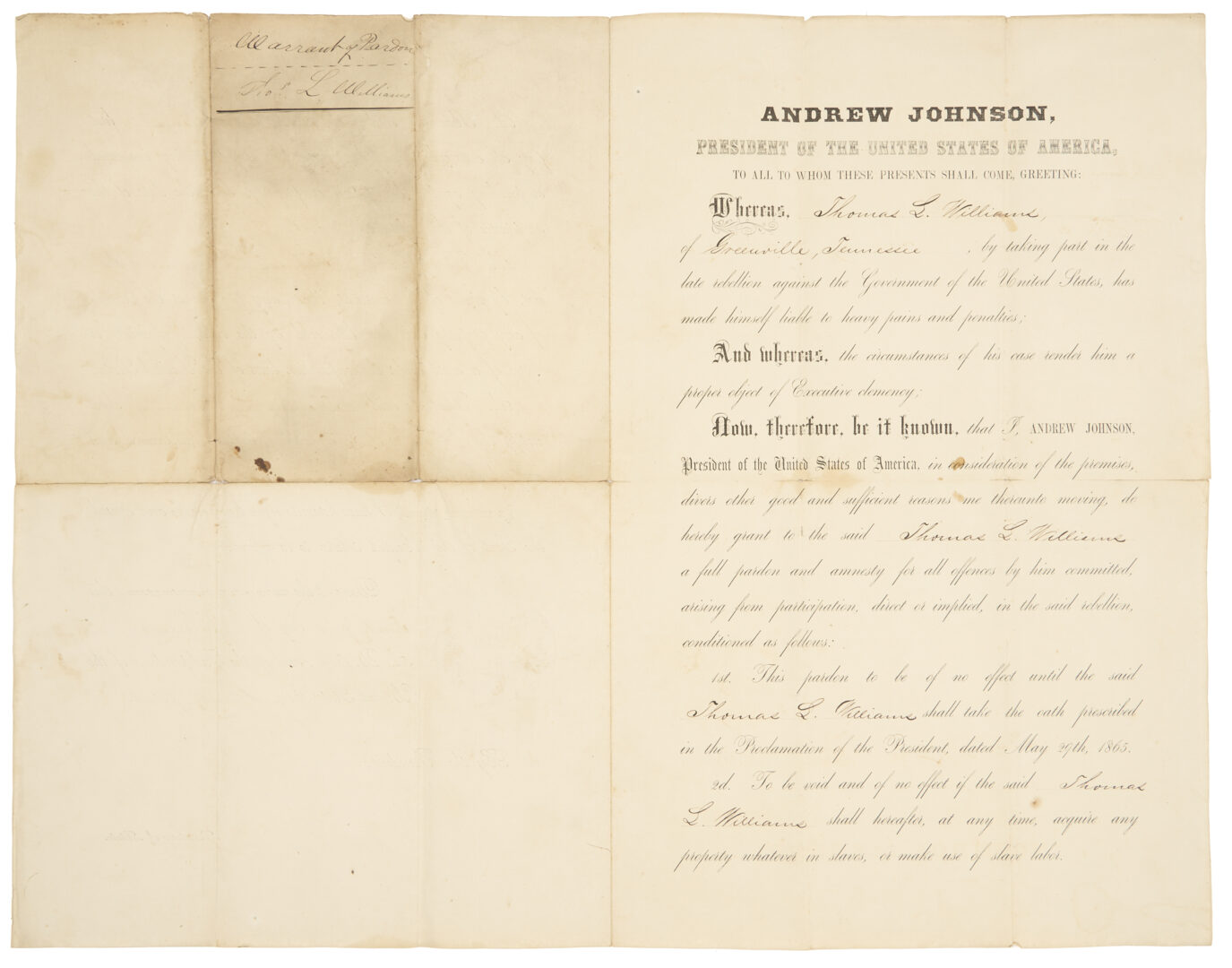 Lot 626: Andrew Johnson Presidential Pardon & Signed Seward Document