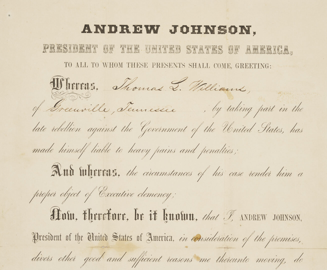 Lot 626: Andrew Johnson Presidential Pardon & Signed Seward Document