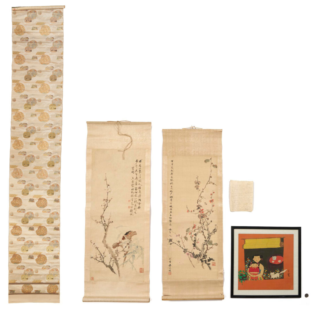 Lot 1036: 3 Asian Works on Paper incl. Ko Kim Fu & Tang Fan Scrolls, Brocade