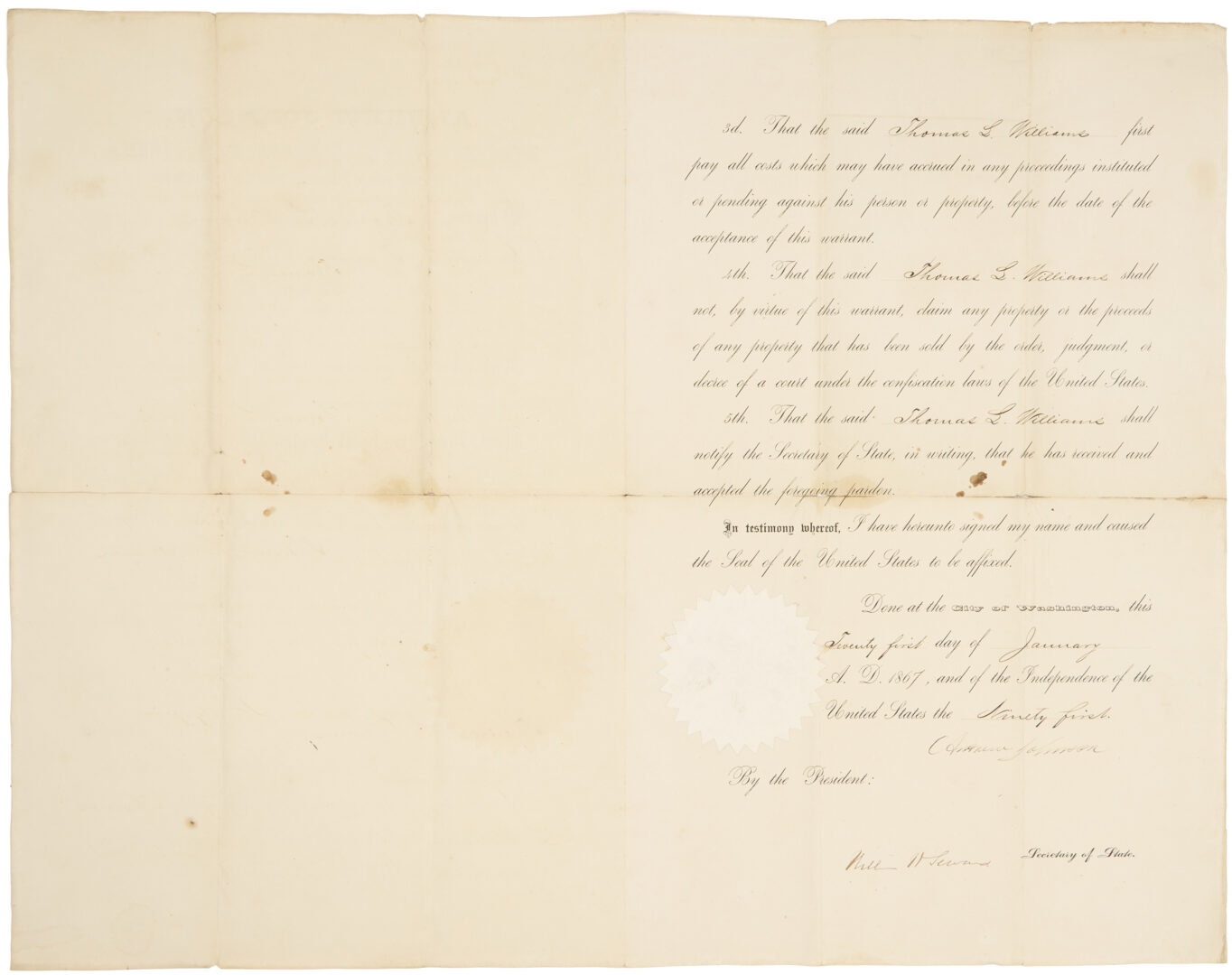 Lot 626: Andrew Johnson Presidential Pardon & Signed Seward Document