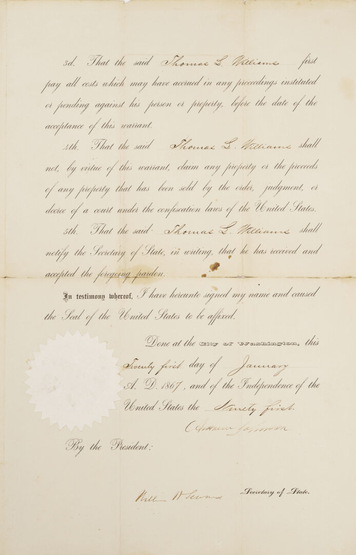 Lot 626: Andrew Johnson Presidential Pardon & Signed Seward Document