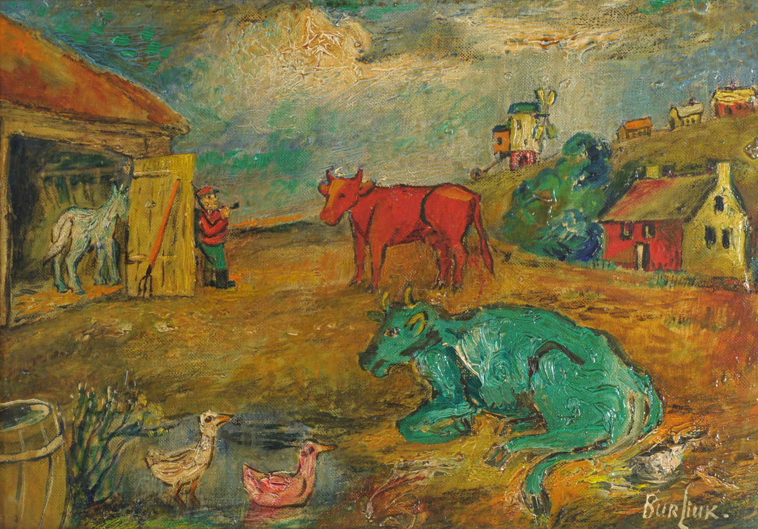 Lot 155: David Burliuk painting of farm with cows