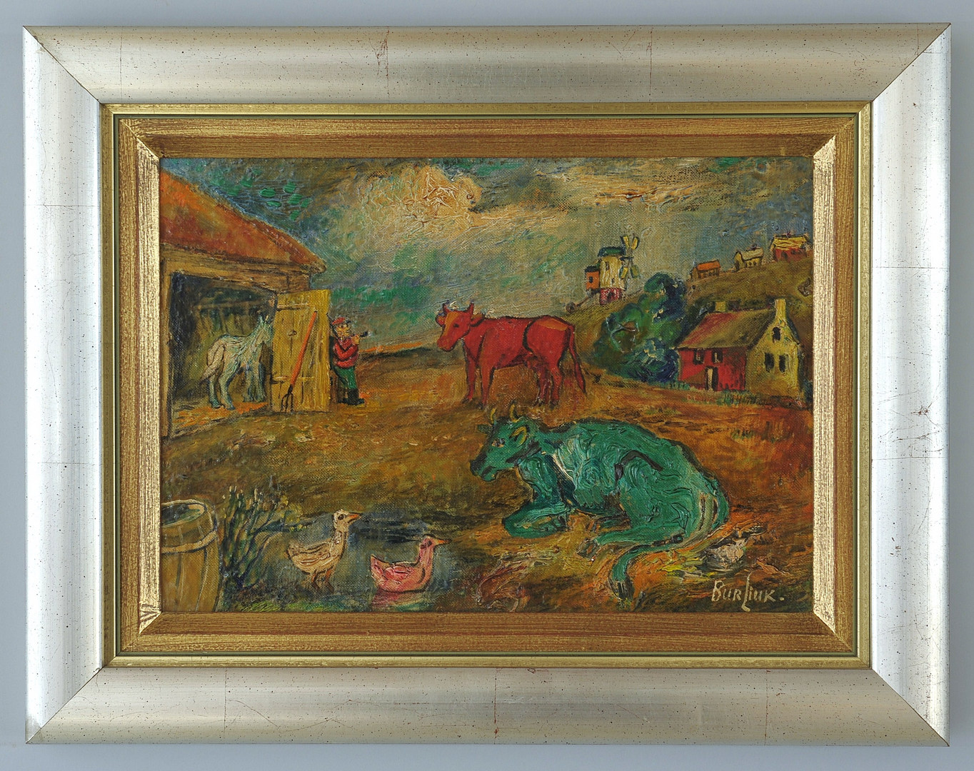 Lot 155: David Burliuk painting of farm with cows