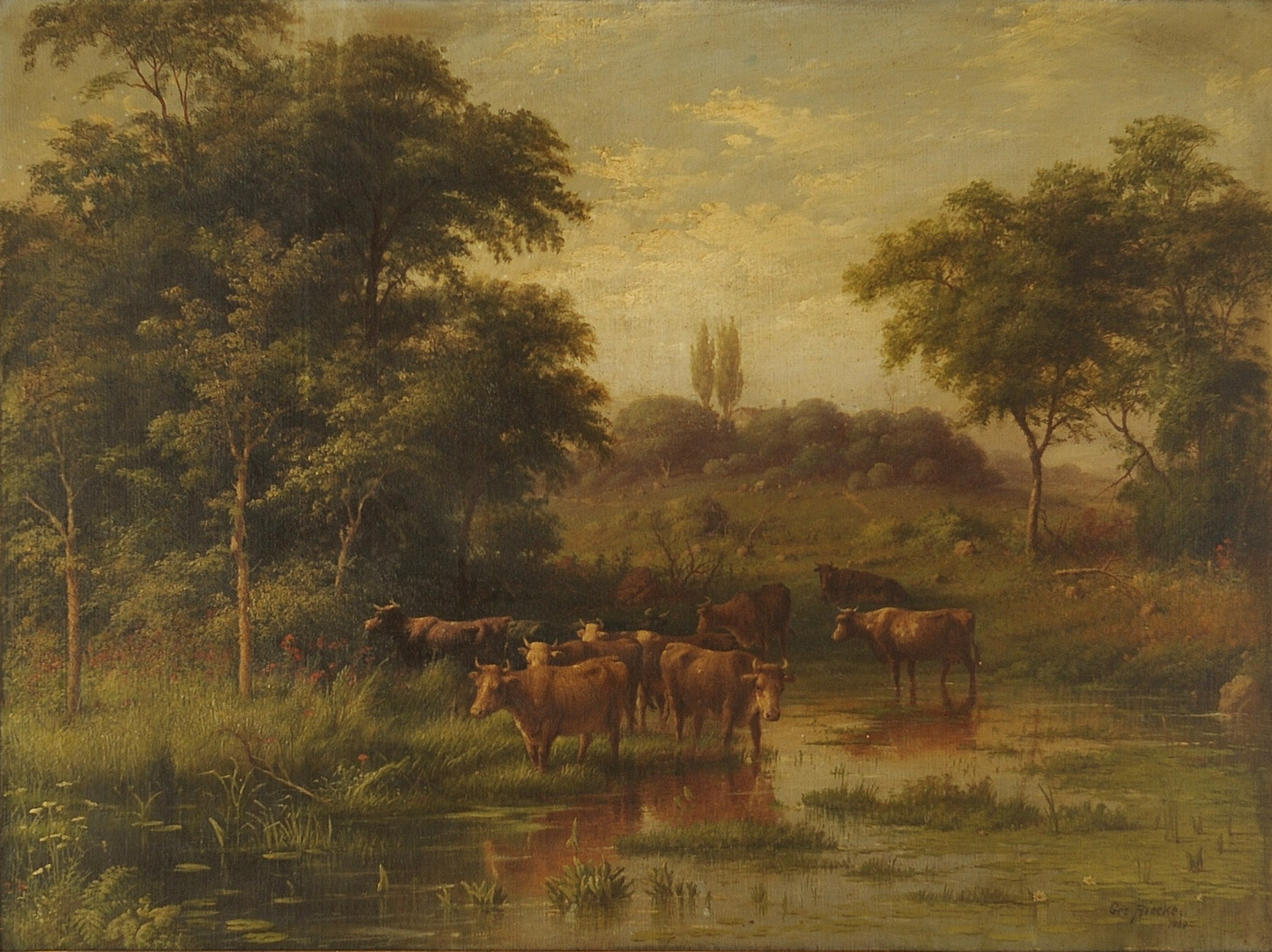 Lot 164: George Riecke oil on canvas, landscape with cows