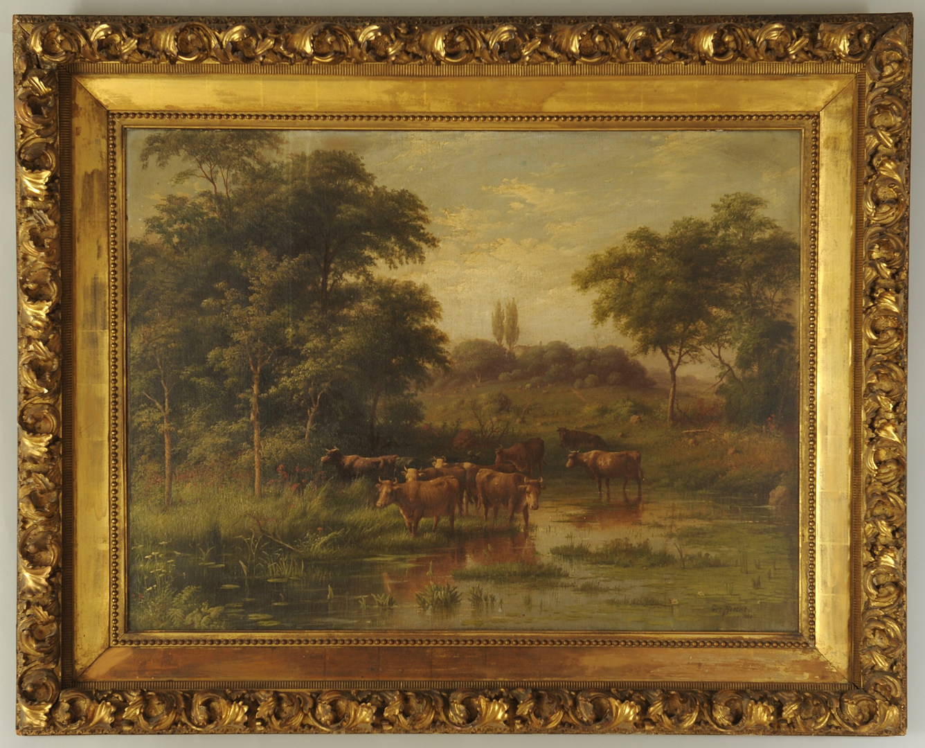 Lot 164: George Riecke oil on canvas, landscape with cows