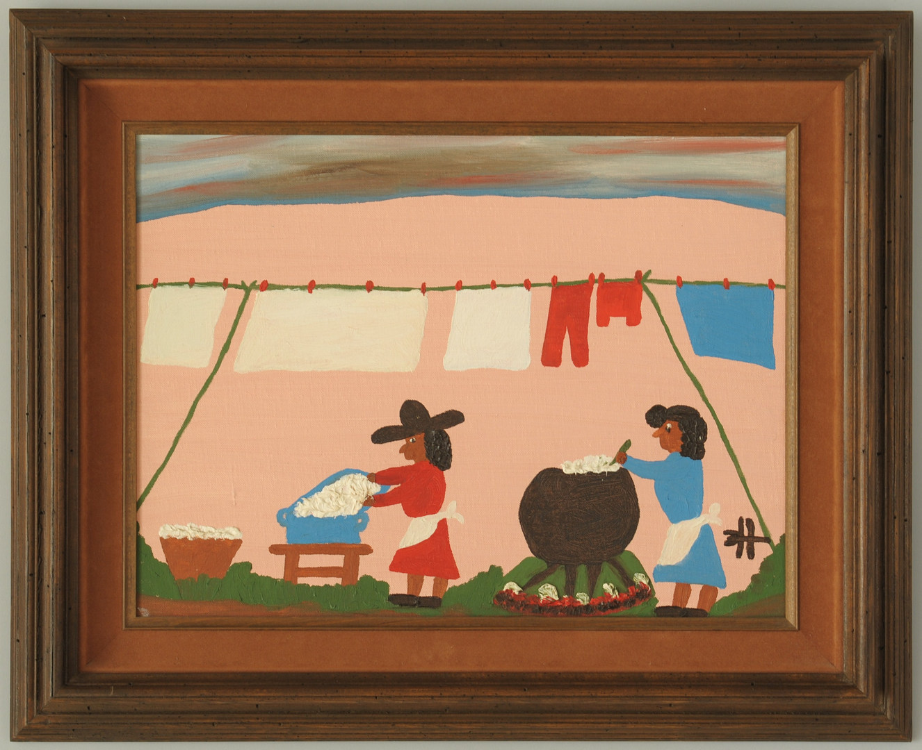 Lot 170: Clementine Hunter Oil on Board, "Washday" & Photo