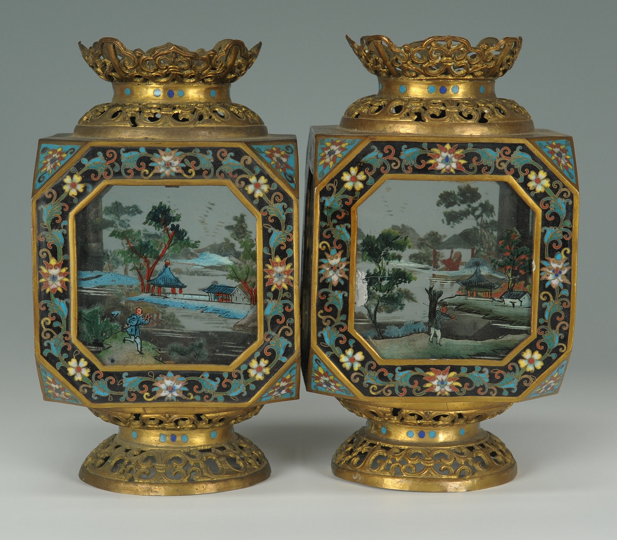 Lot 18: Pair Chinese Cloisonne Painted Table Lanterns