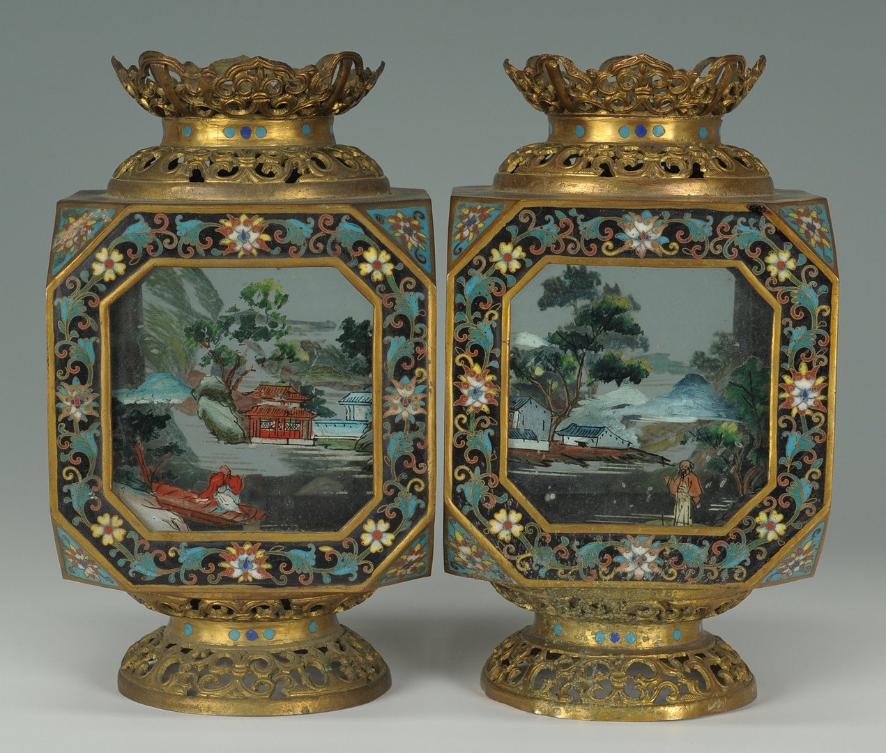 Lot 18: Pair Chinese Cloisonne Painted Table Lanterns