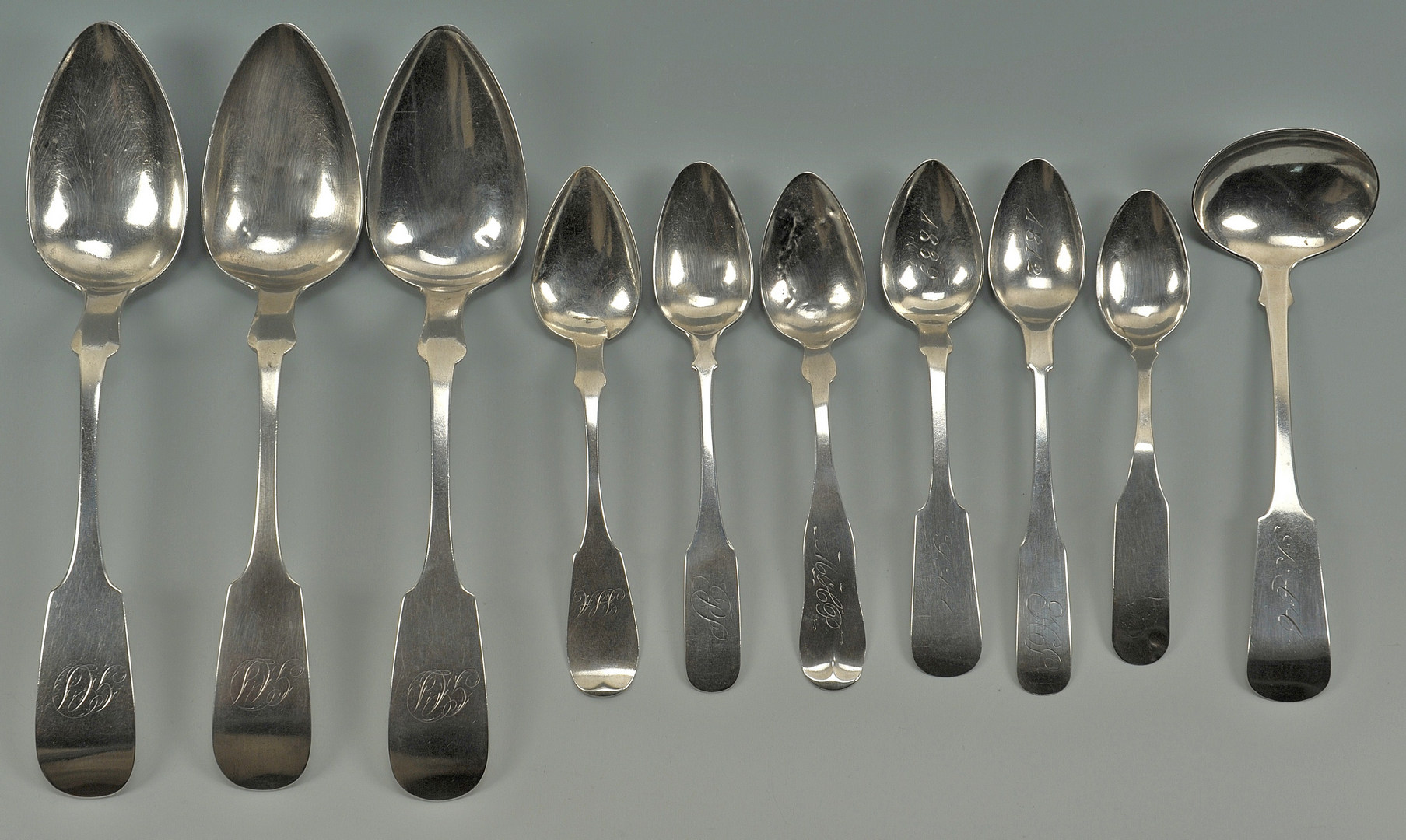 Lot 222: Ten pieces assorted coin silver flatware: SC, NY
