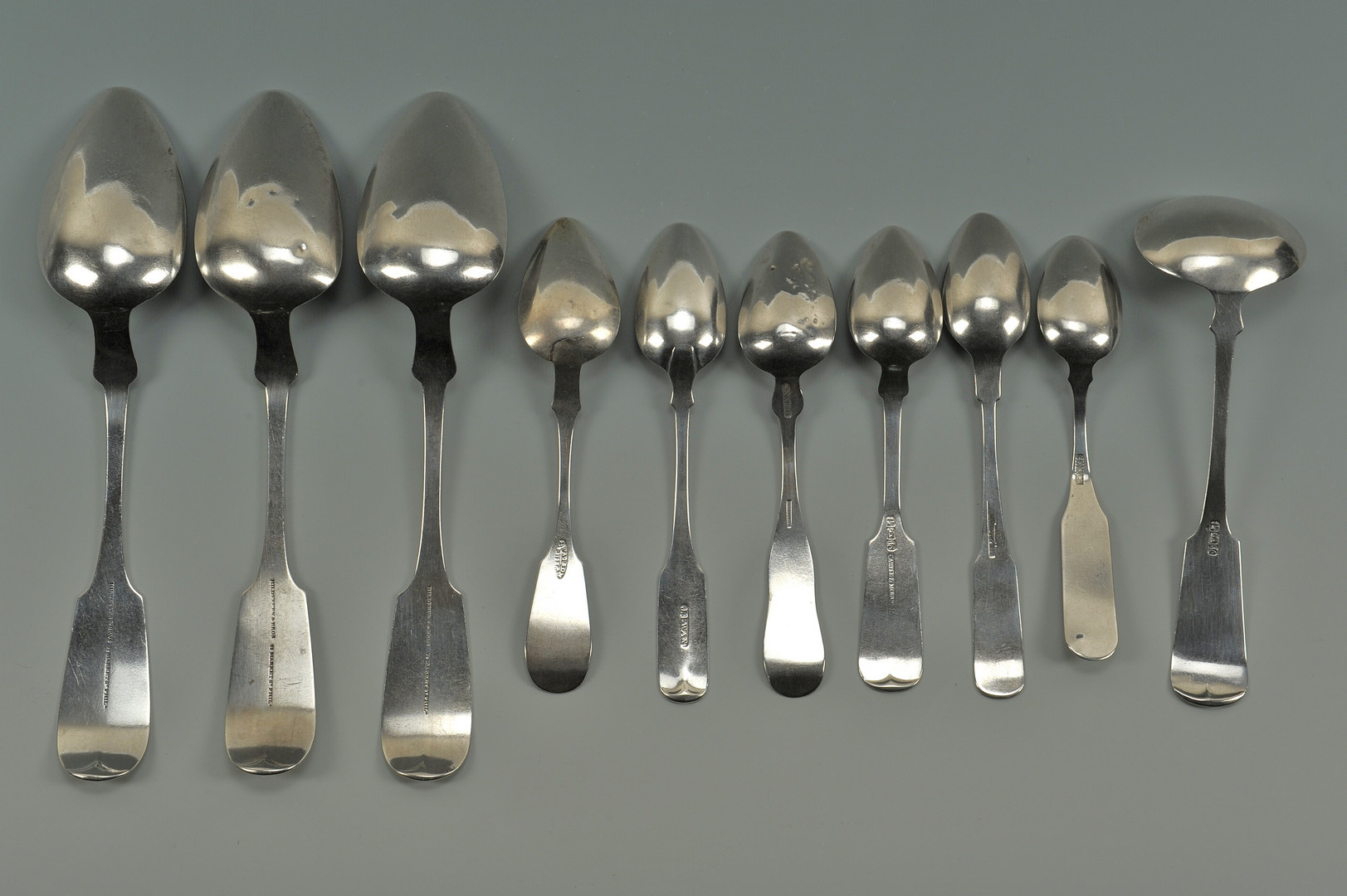 Lot 222: Ten pieces assorted coin silver flatware: SC, NY