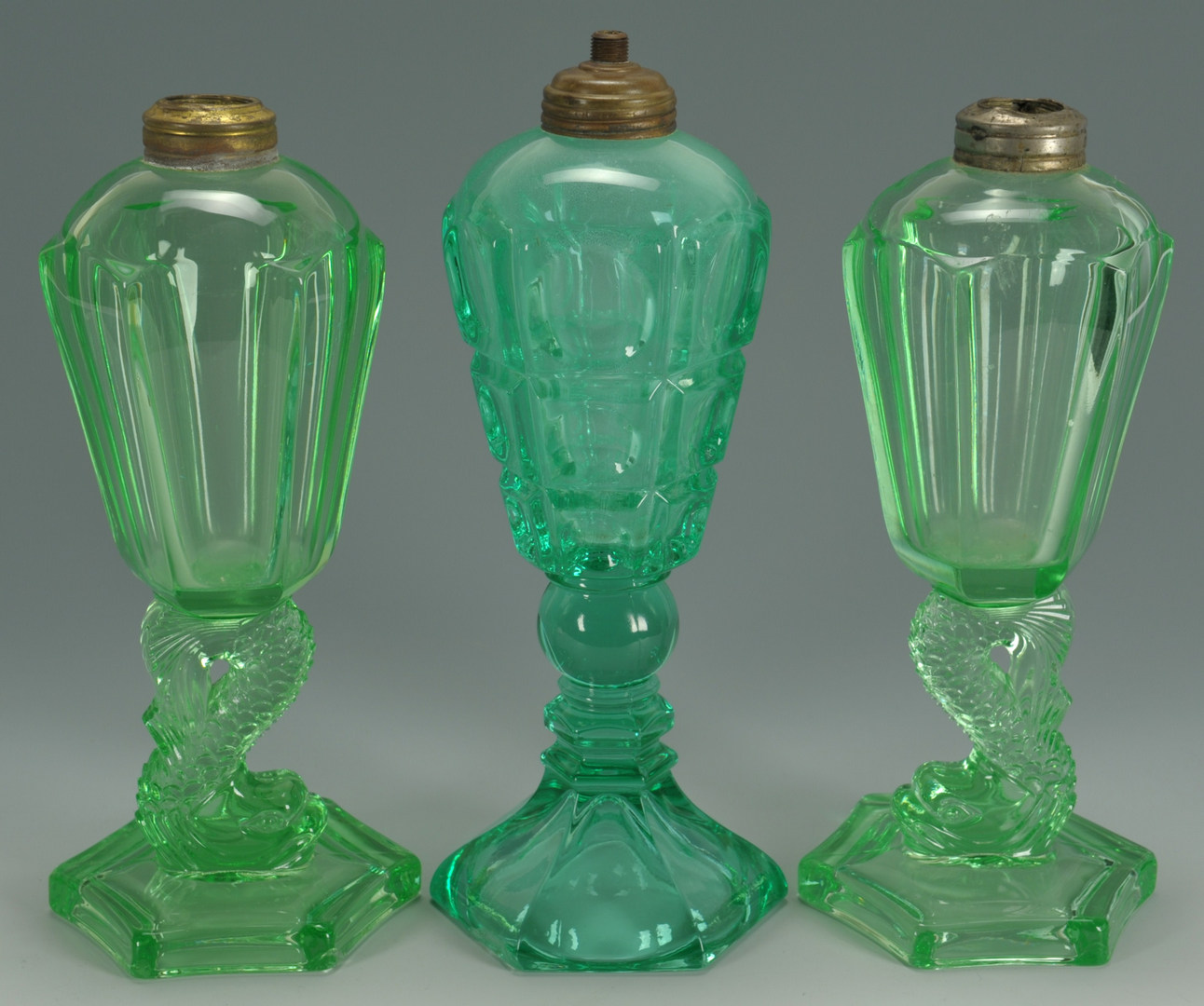 Lot 280: 3 Green Pressed Glass Oil Lamps