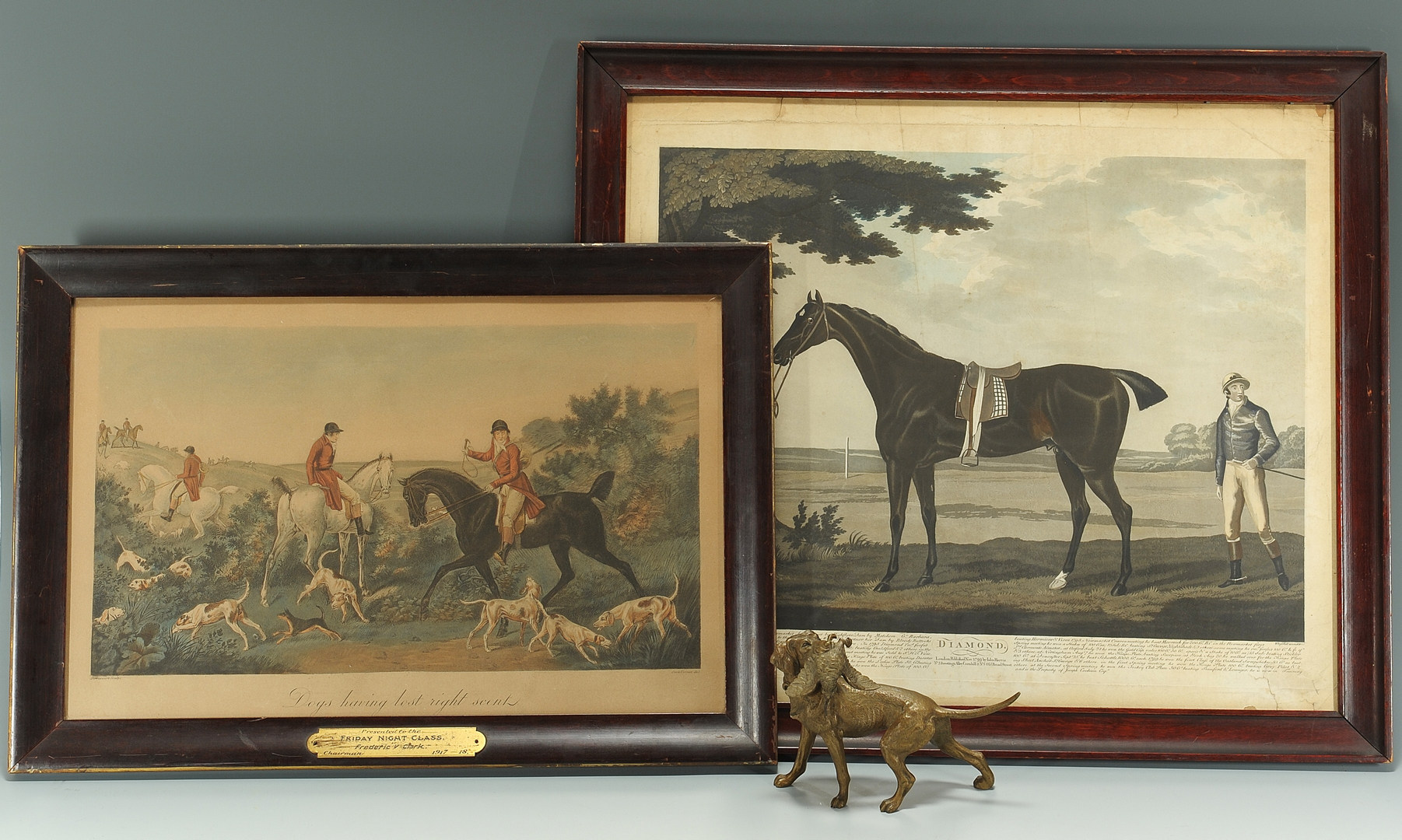Lot 325: Two horse prints and small Austrian bronze dog