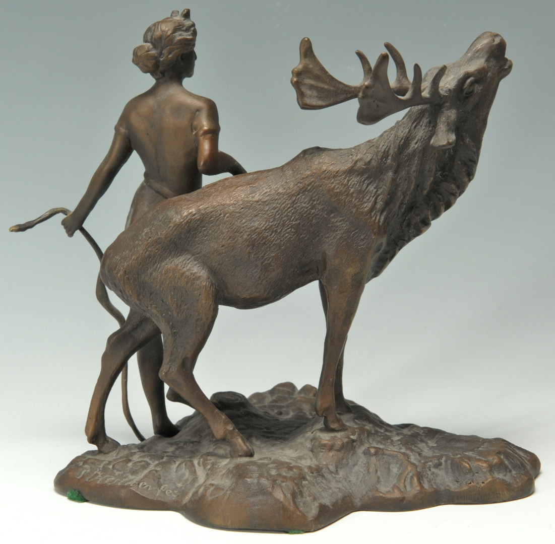 Lot 327: Bronze figural group, Artemis and Deer