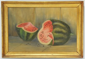 Lot 372: Folk Art Watermelon Oil on Canvas Still Life