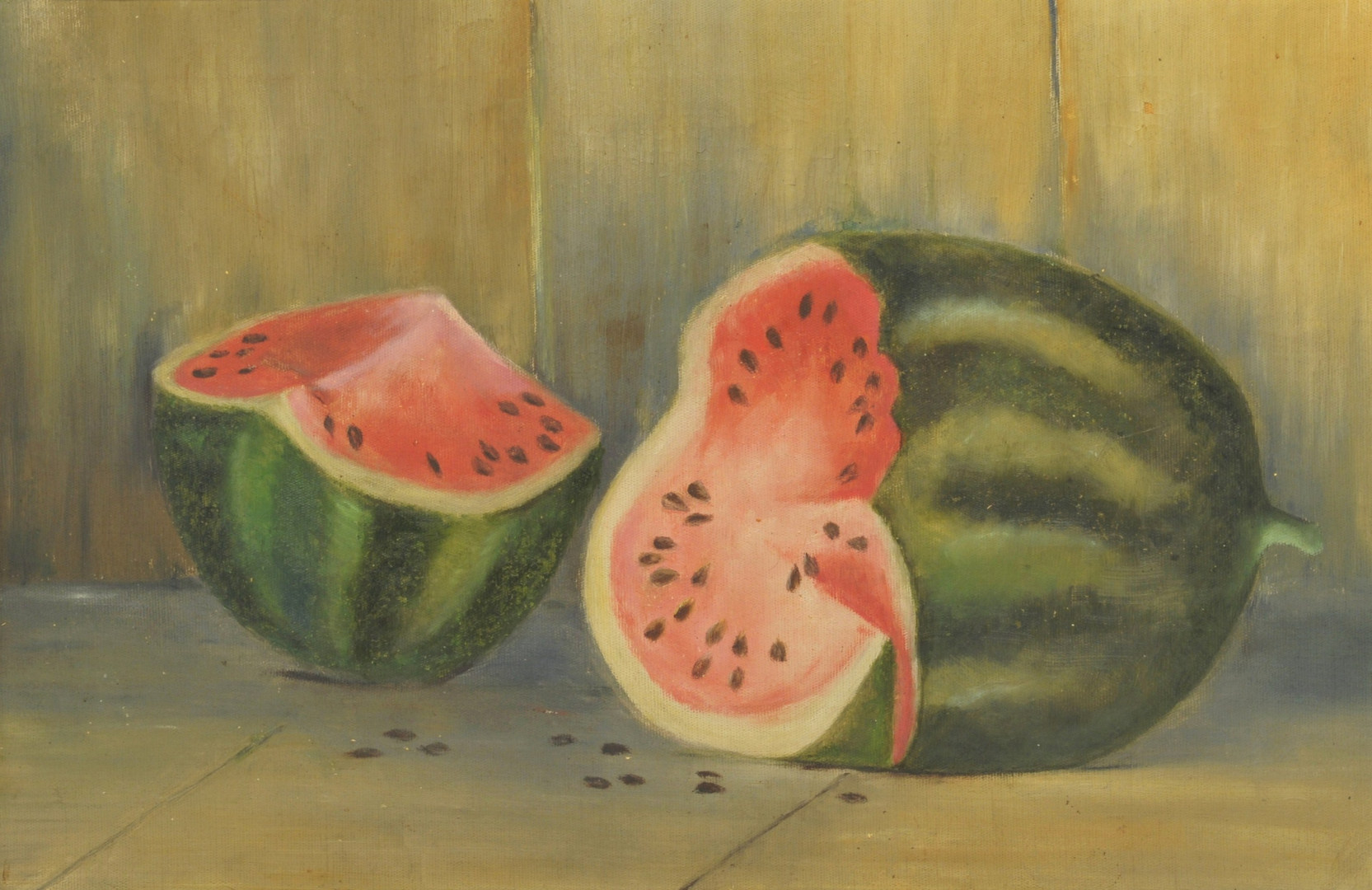 Lot 372: Folk Art Watermelon Oil on Canvas Still Life