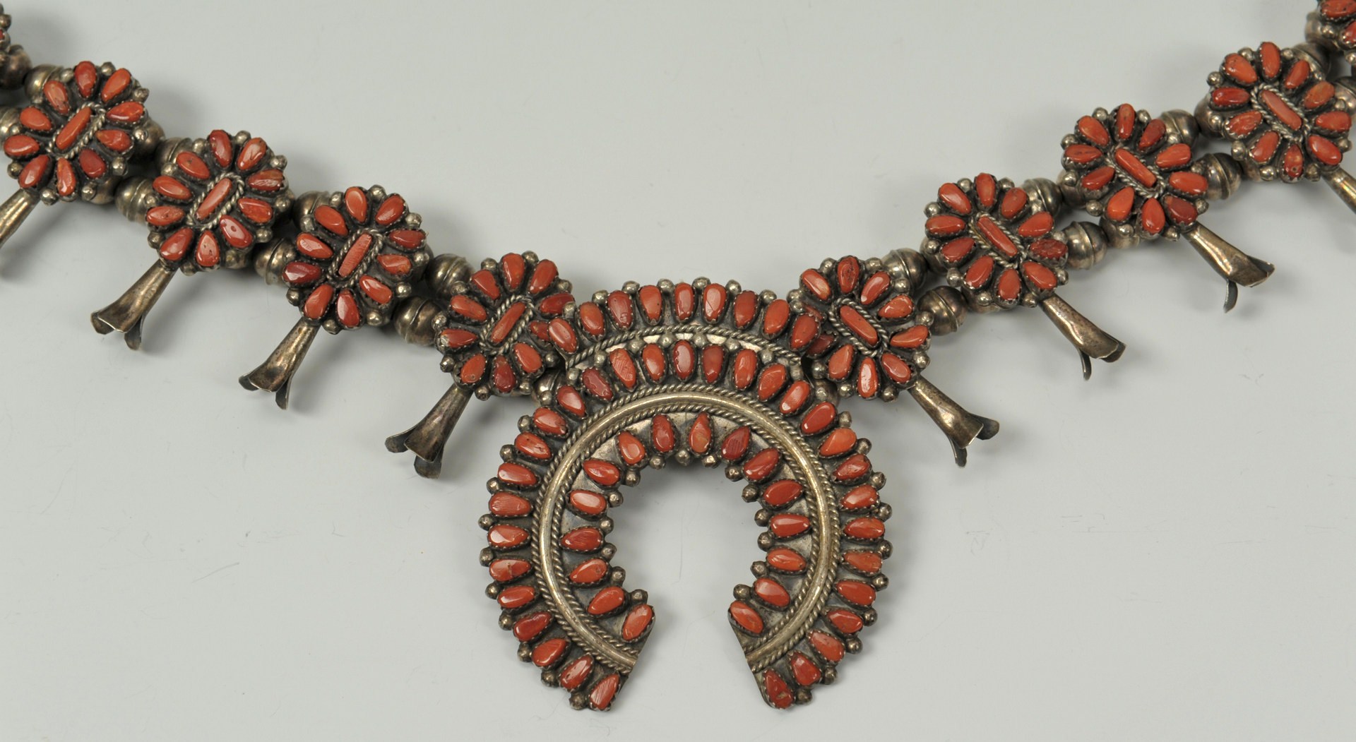 Lot 388: Navajo Sterling Squash Blossom Necklace w/ Coral