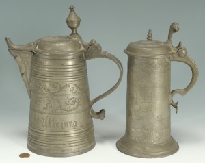Lot 409: 2 Pewter flagons, 1 dated 1765 with wrigglework de