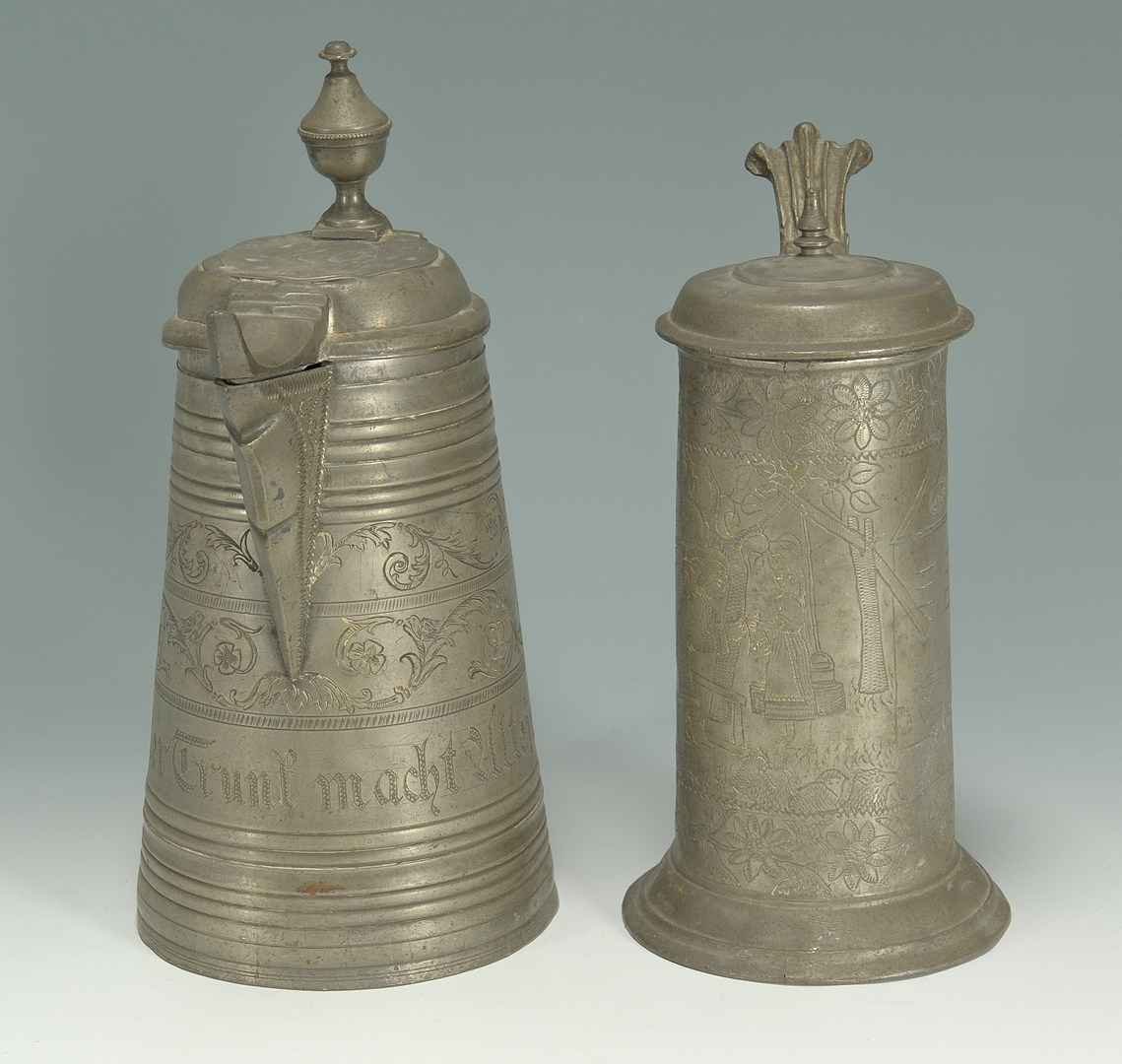 Lot 409: 2 Pewter flagons, 1 dated 1765 with wrigglework de