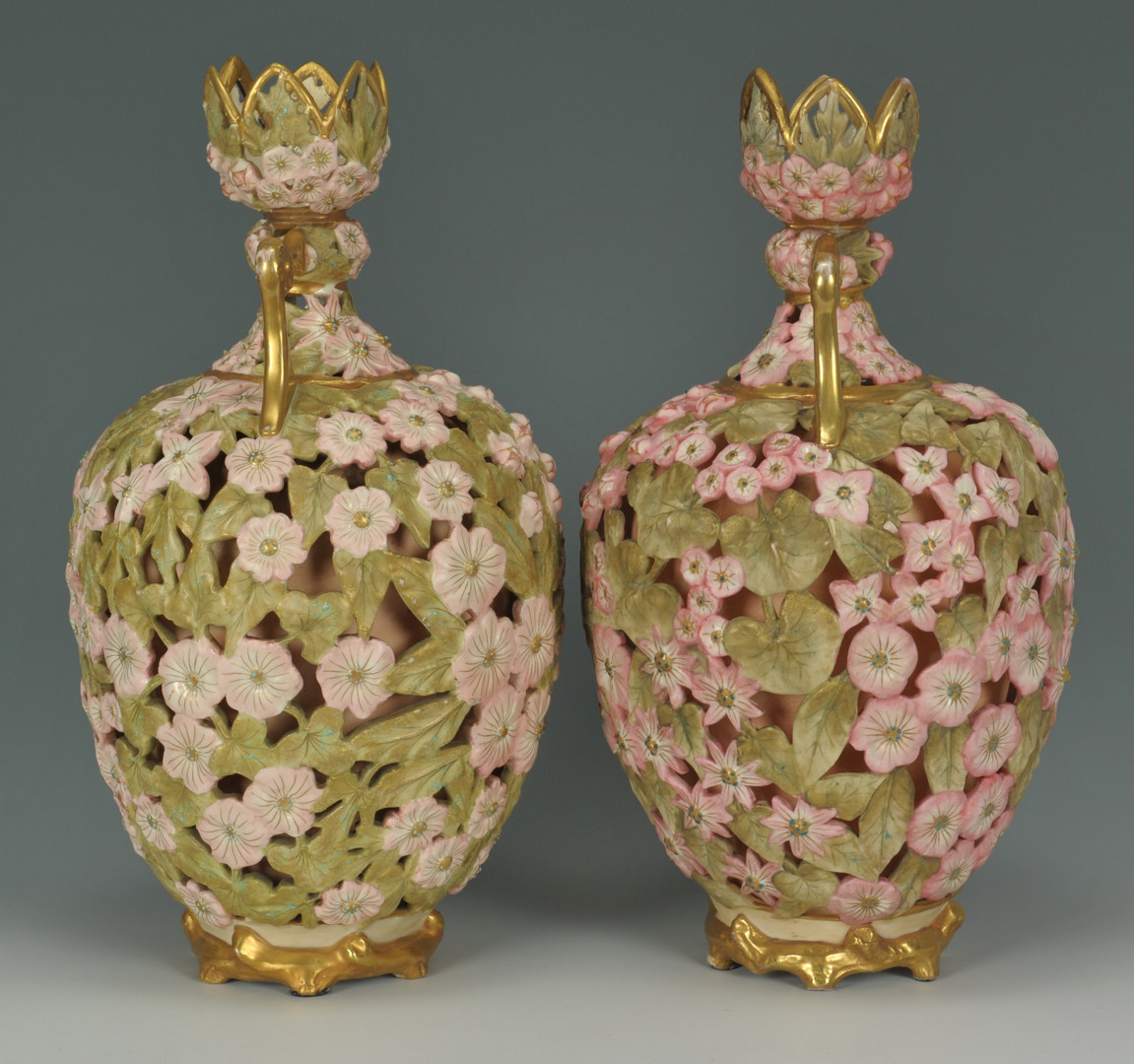 Lot 447: Pr. Rudolstadt Porcelain Vases, pierced floral des
