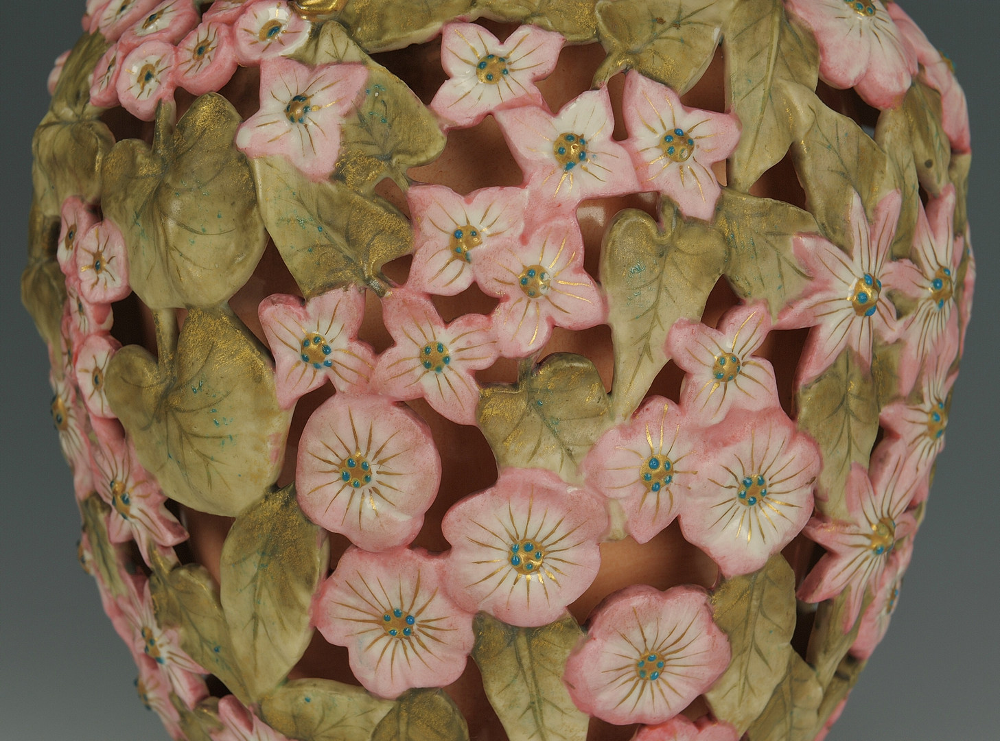 Lot 447: Pr. Rudolstadt Porcelain Vases, pierced floral des