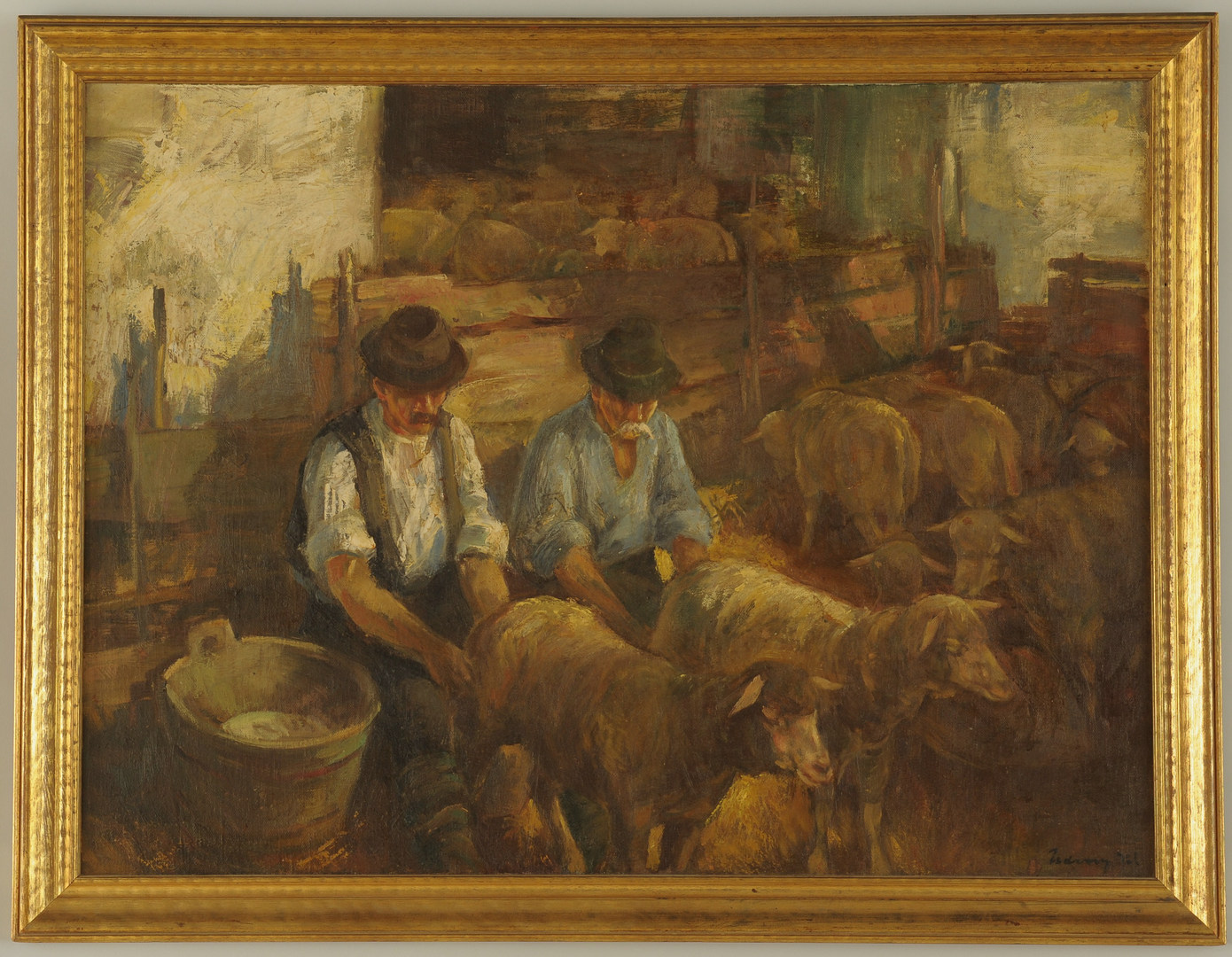 Lot 457: European Oil on Board depicting Sheep Milkers