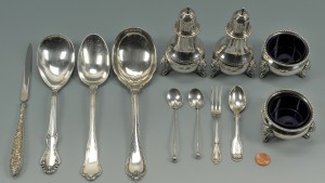 Lot 499: Silver salt items and assorted flatware, 12 pcs