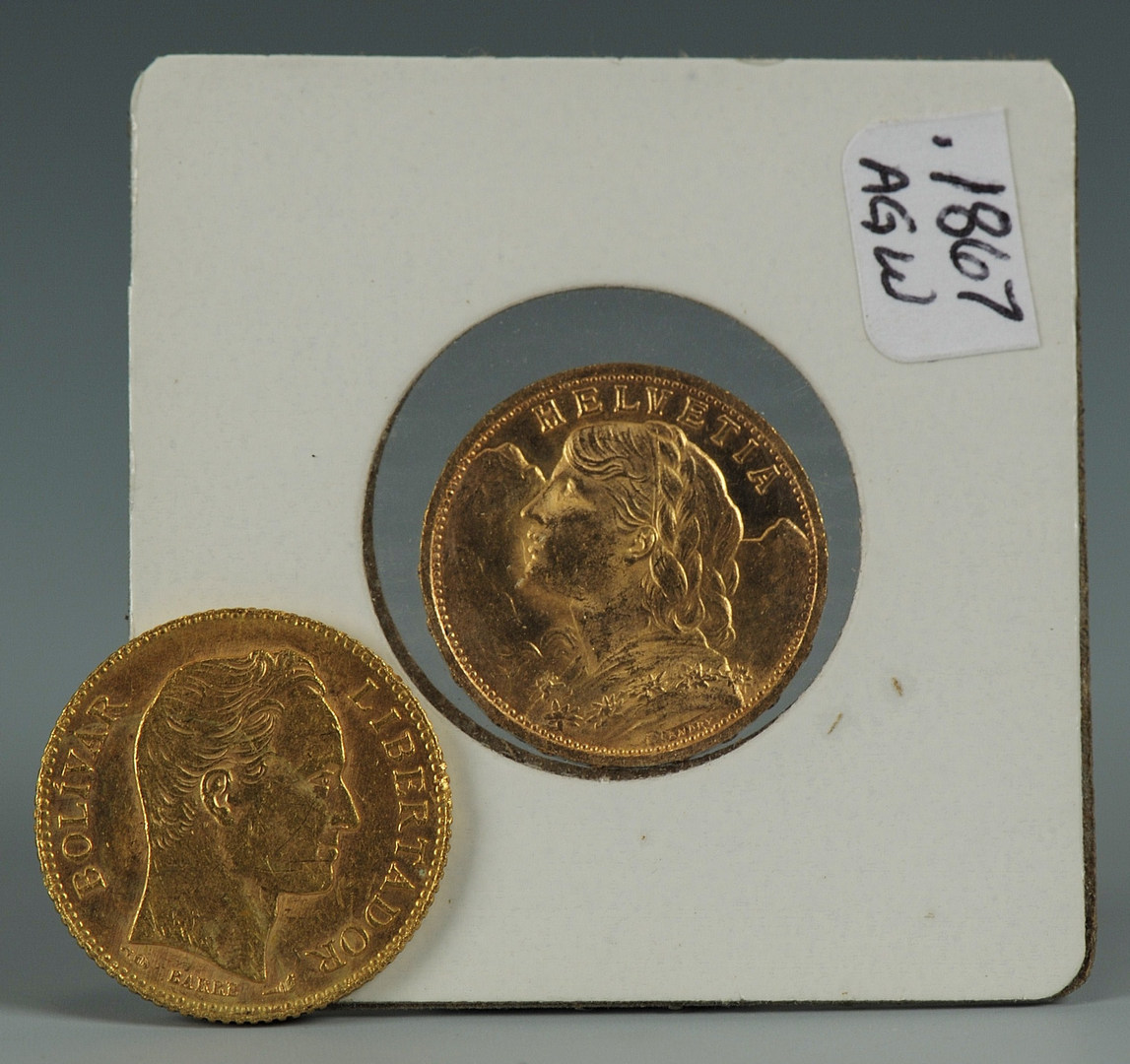 Lot 545: 2 gold coins: 1927 Swiss 20 FR; 1904 20 Bolivar