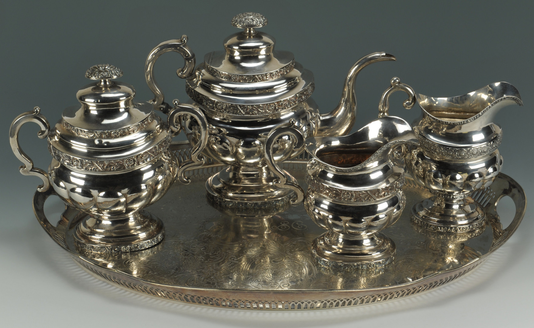 Lot 54: New York Coin Silver Tea Service plus tray and cre