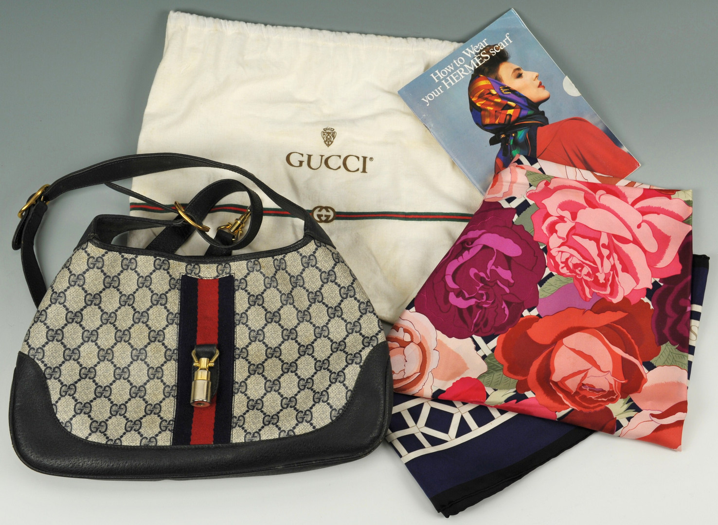 Lot 607: Hermes Scarf & Book, Gucci purse