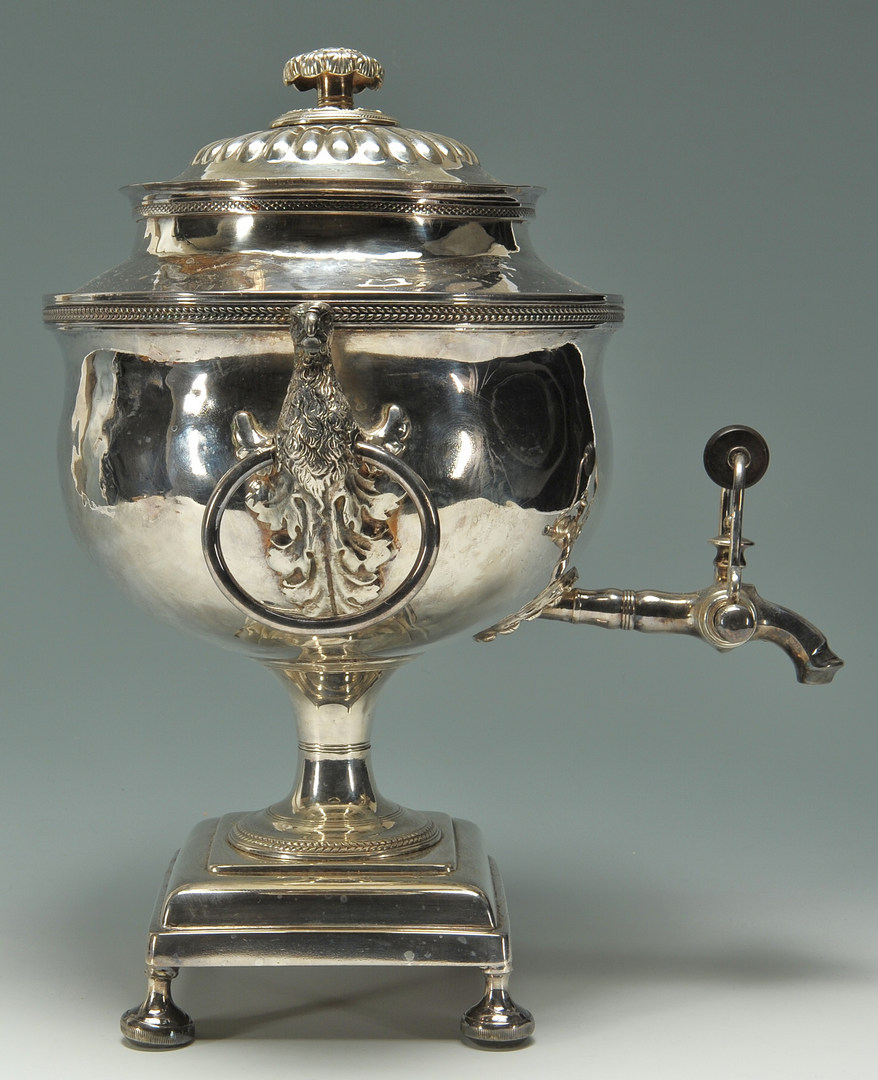 Lot 622: Old Sheffield silver plated urn with griffin handl