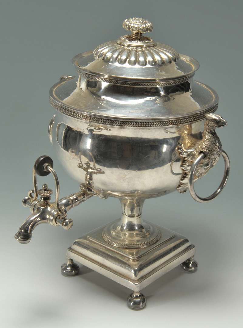 Lot 622: Old Sheffield silver plated urn with griffin handl