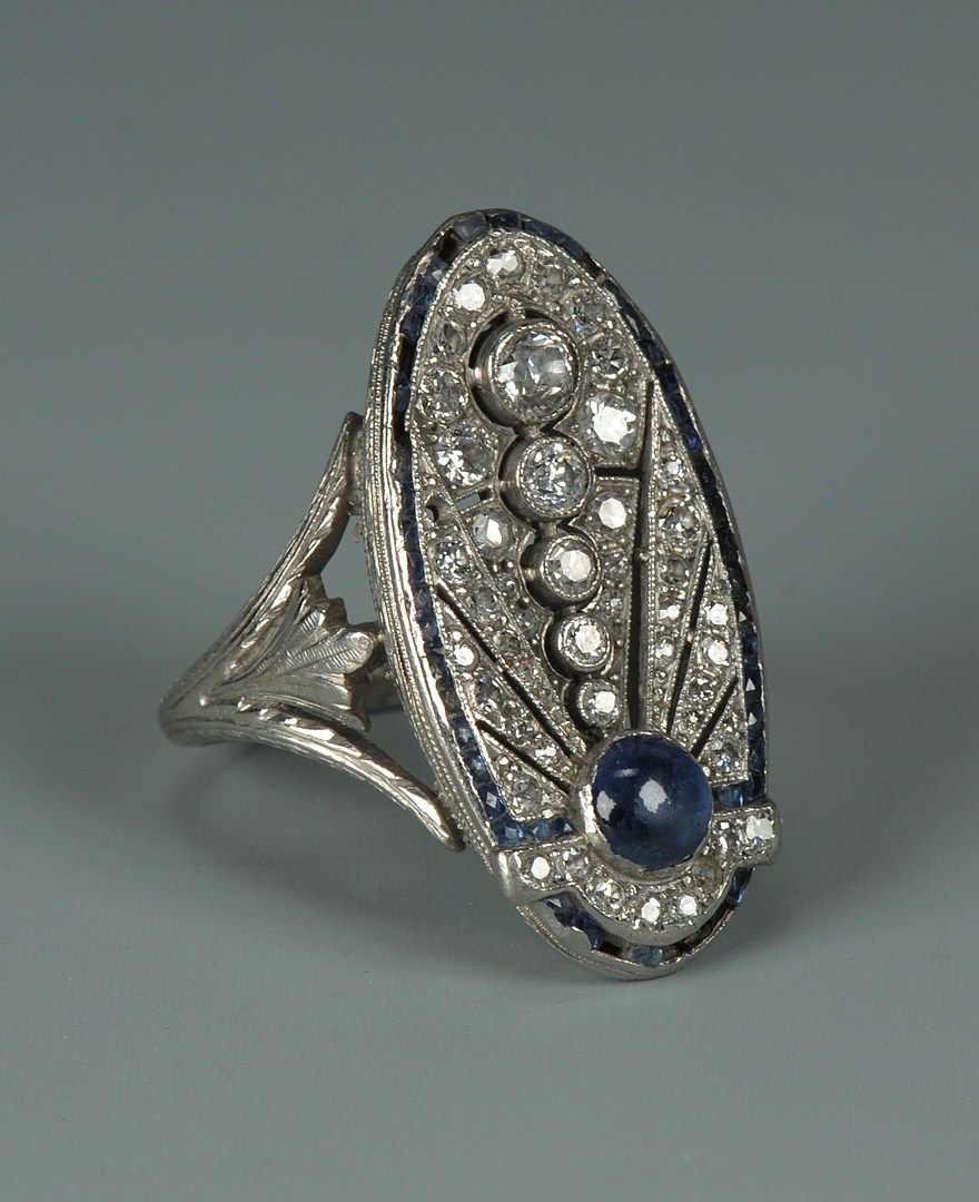 Lot 67: Art Deco 18k Diamond and Sapphire Ring