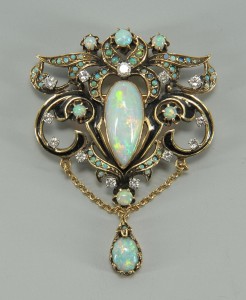 Lot 72: 14K opal, diamond pendant/brooch