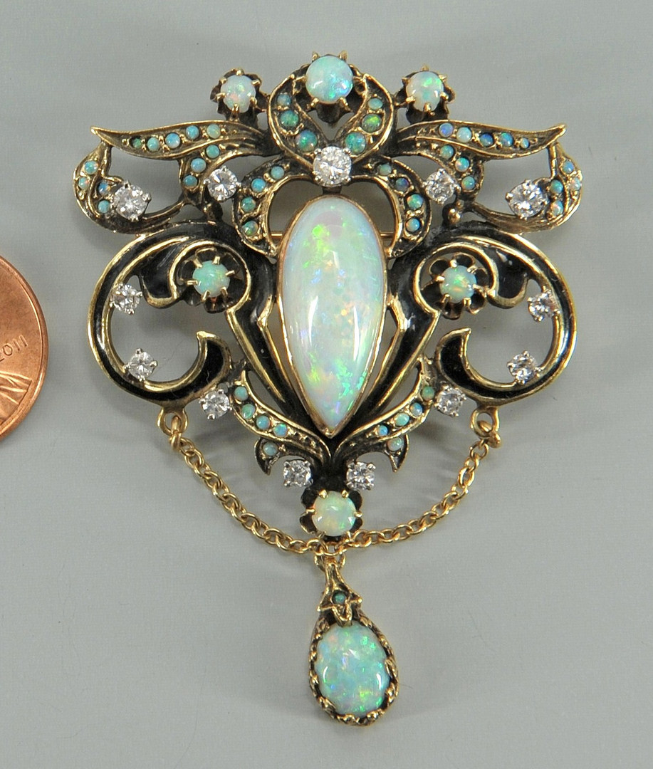 Lot 72: 14K opal, diamond pendant/brooch