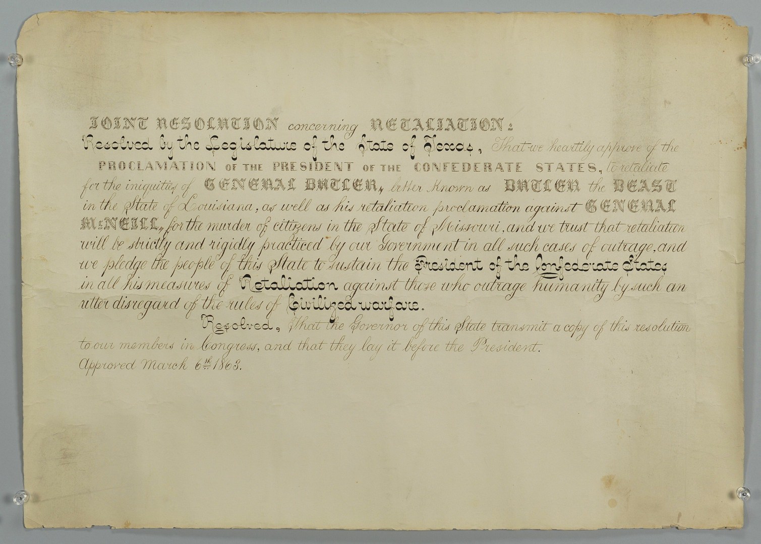 Lot 78: Gen. Butler Texas Proclamation of Retaliation