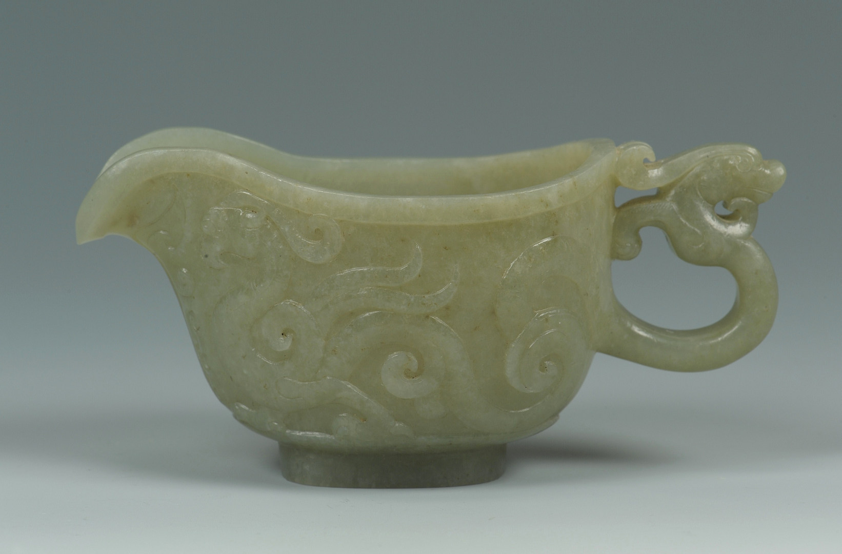 Lot 8: Chinese Carved Jade Libation Cup w/ Dragon Handle