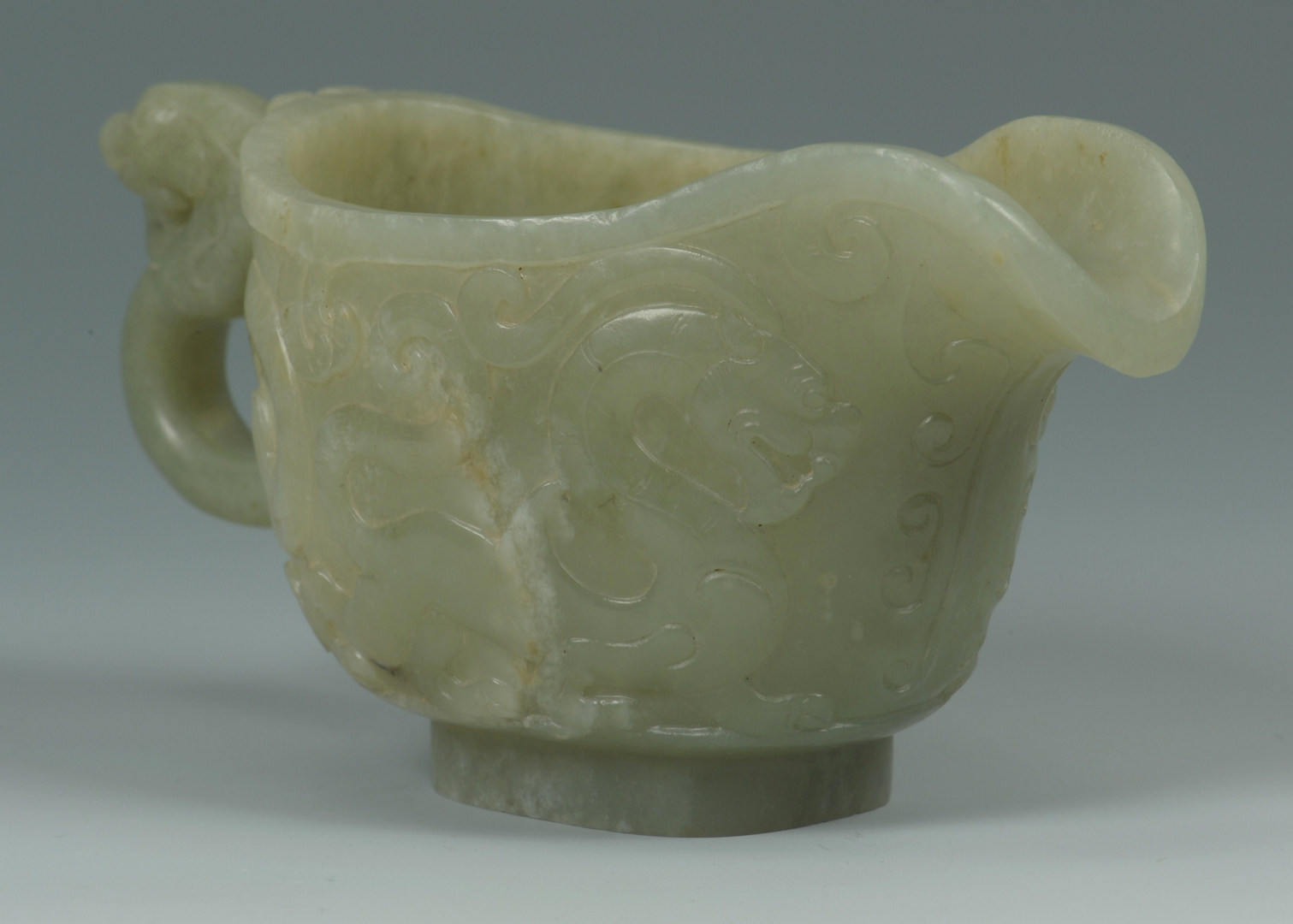 Lot 8: Chinese Carved Jade Libation Cup w/ Dragon Handle