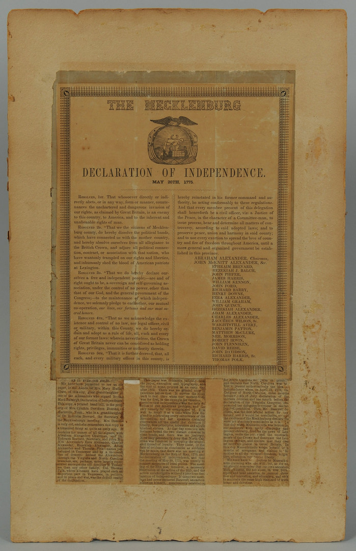 Lot 91: Mecklenburg NC Declaration of Independence Handbill