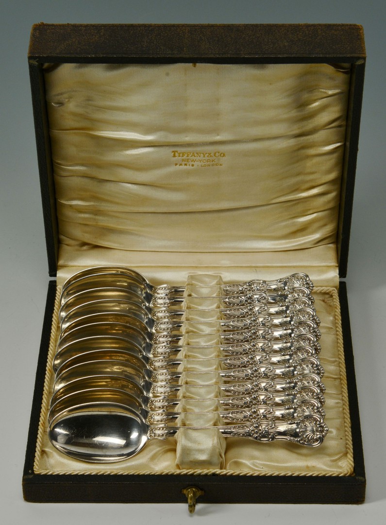Lot 109: 12 Tiffany English King Sterling Spoons, cased