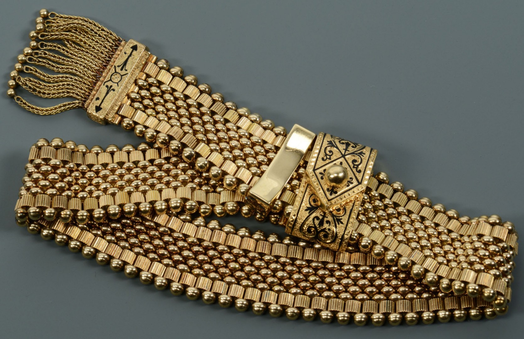 Lot 111: 14K Victorian Enamel Tassel Bracelet, 42.3 grams