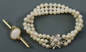 Lot 124: 14k 3-strand Pearl Bracelet and Opal Pin