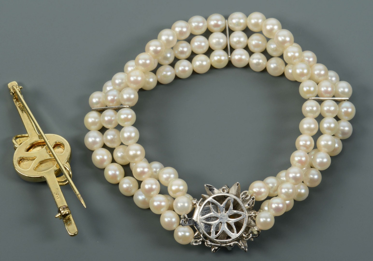 Lot 124: 14k 3-strand Pearl Bracelet and Opal Pin