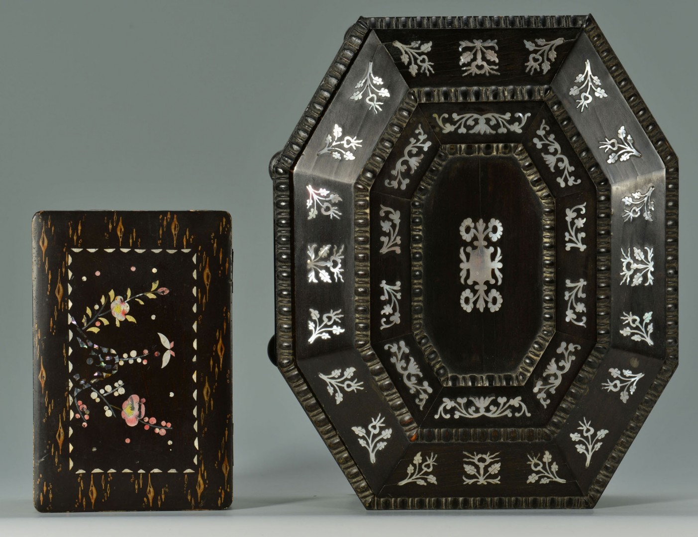 Lot 127: 2 Lacquer & Mother of Pearl Inlay Boxes