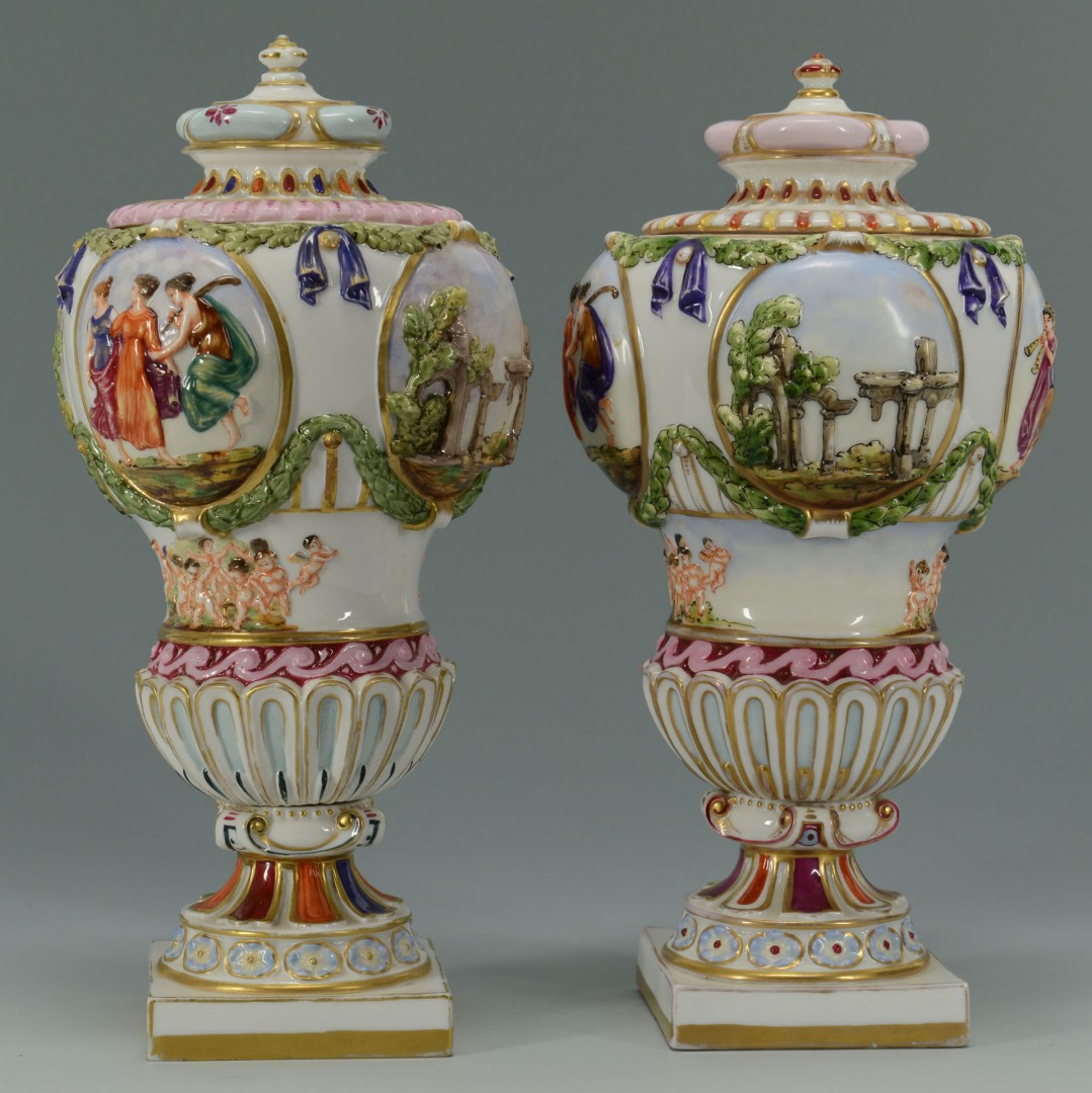 Lot 139: Pair of Covered Capo di Monte Porcelain Urns