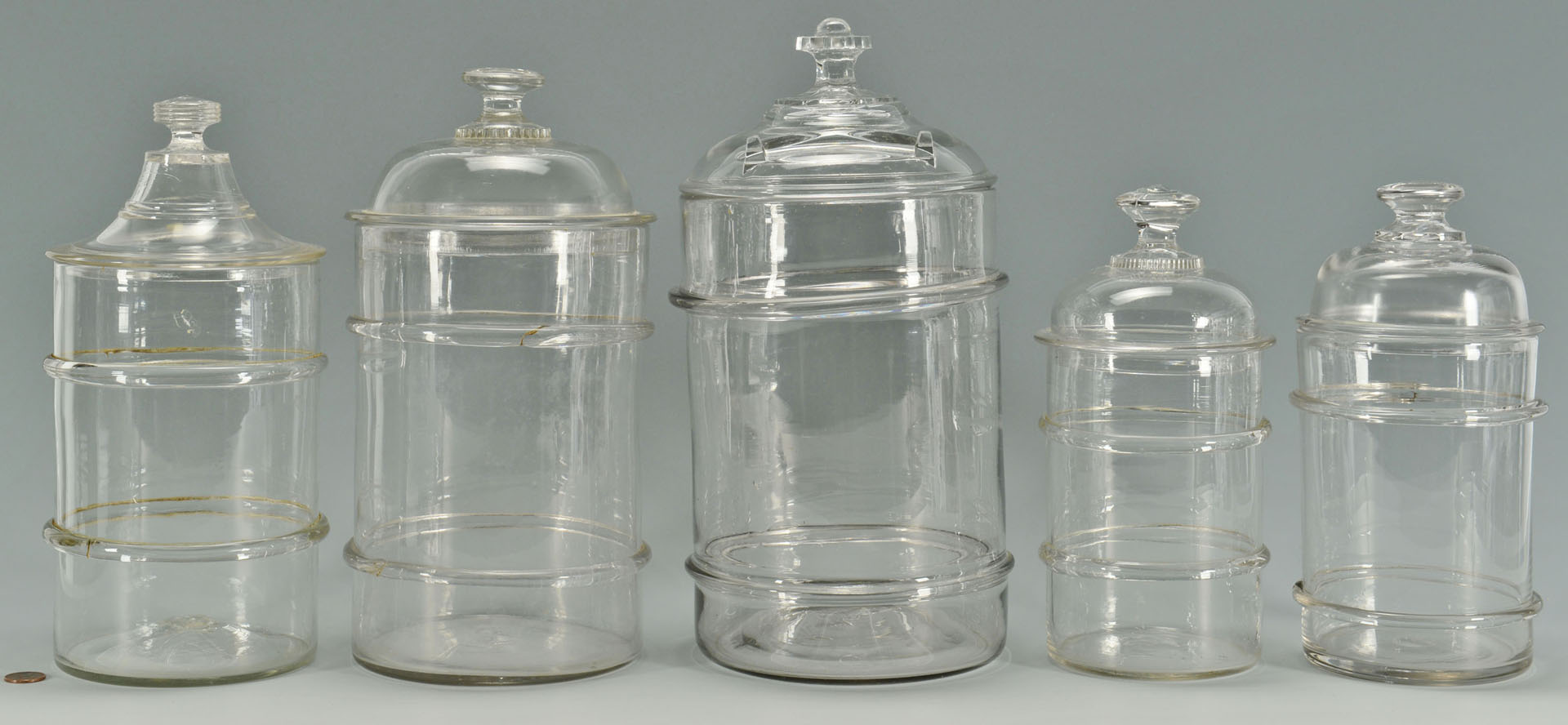 Lot 155: 5 Blown Colorless Glass Canister Jars, 2 bands